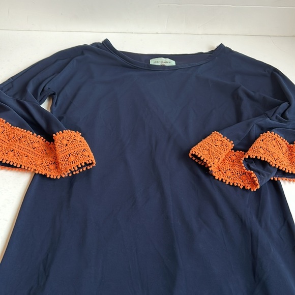 Judith March navy straight line dress 3/4 orange crochet bell sleeves lined boho - Picture 16 of 16